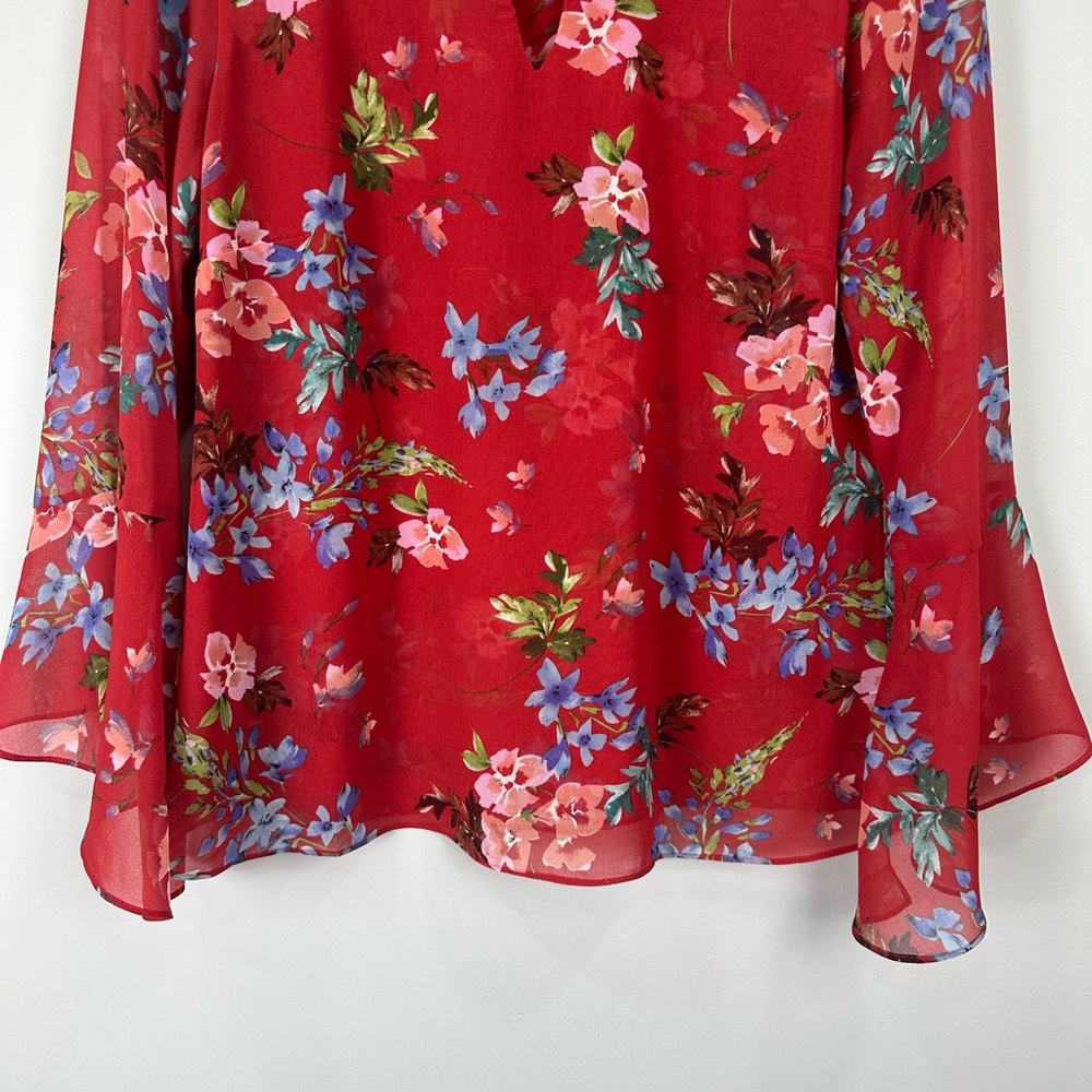 CAbi Red Floral Devoted Women’s Semi Sheer Bell Sleeve Blouse Top Shirt small - Picture 4 of 13